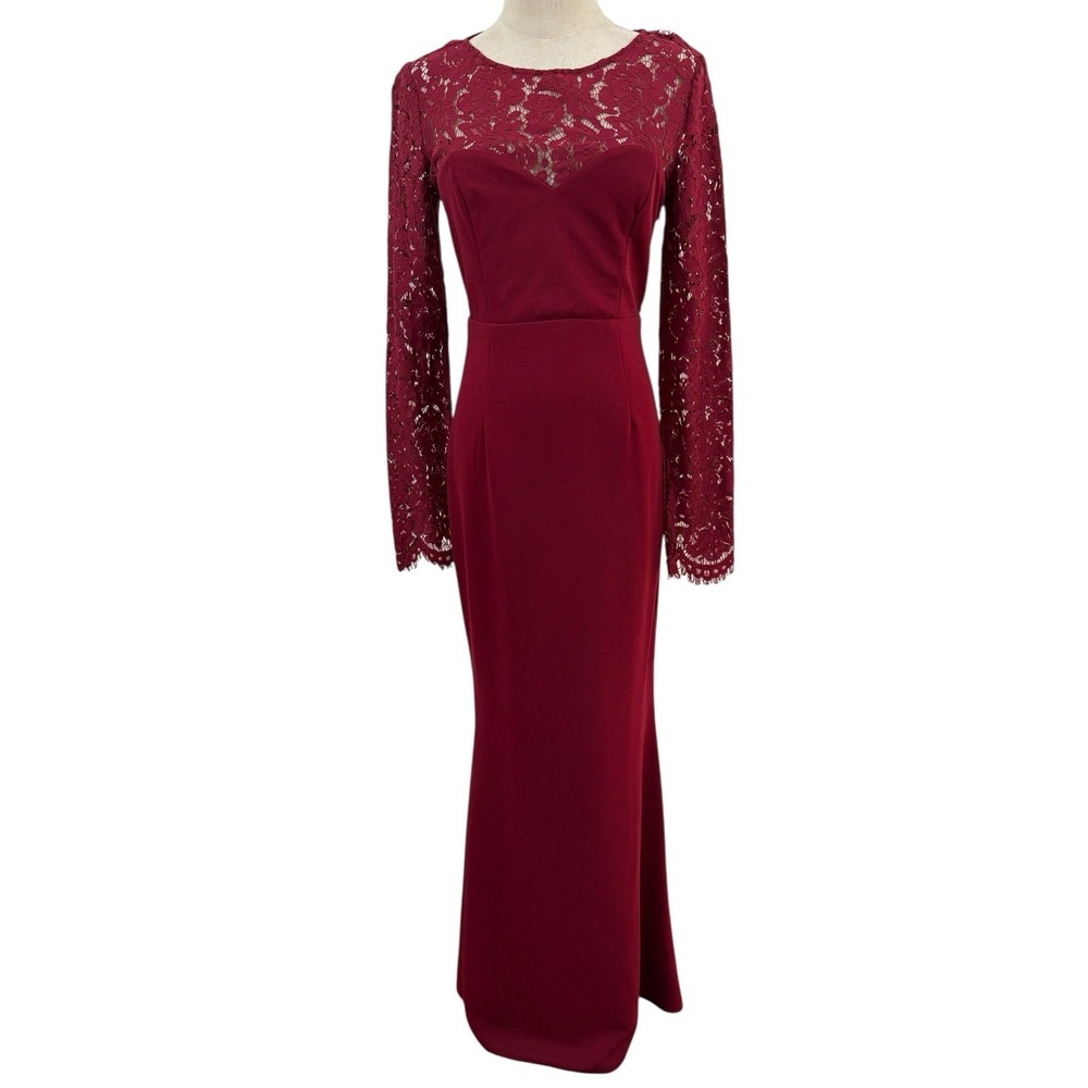 Lulus Burgundy Dress Mermaid Gown Sz‎ M Sweetheart Backless Lace Sleeve Holiday